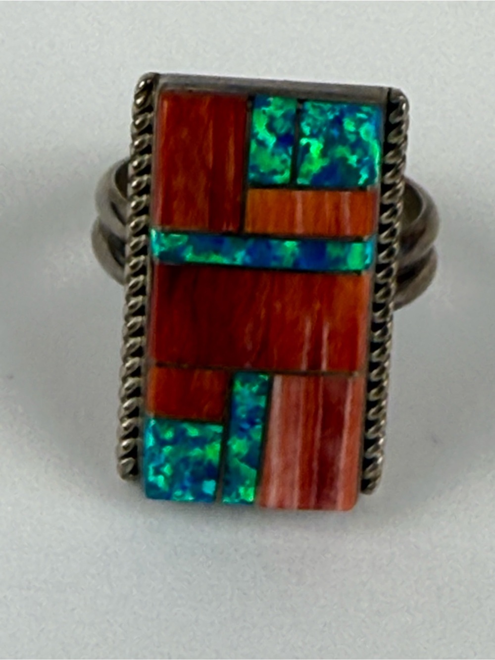 Native American Spiny Oyster, Lab Created Opal Sterling Silver Signed WG 8.75